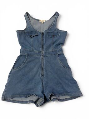 Derek Heart Denim Zip Front Utility Romper Medium Wash Y2K Size M